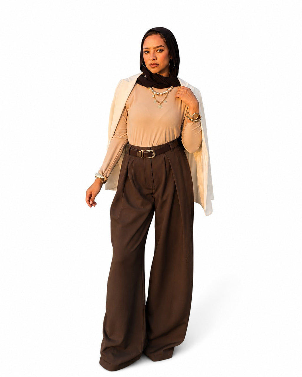 High-Waist Pleated Wide-Leg Trousers Brown