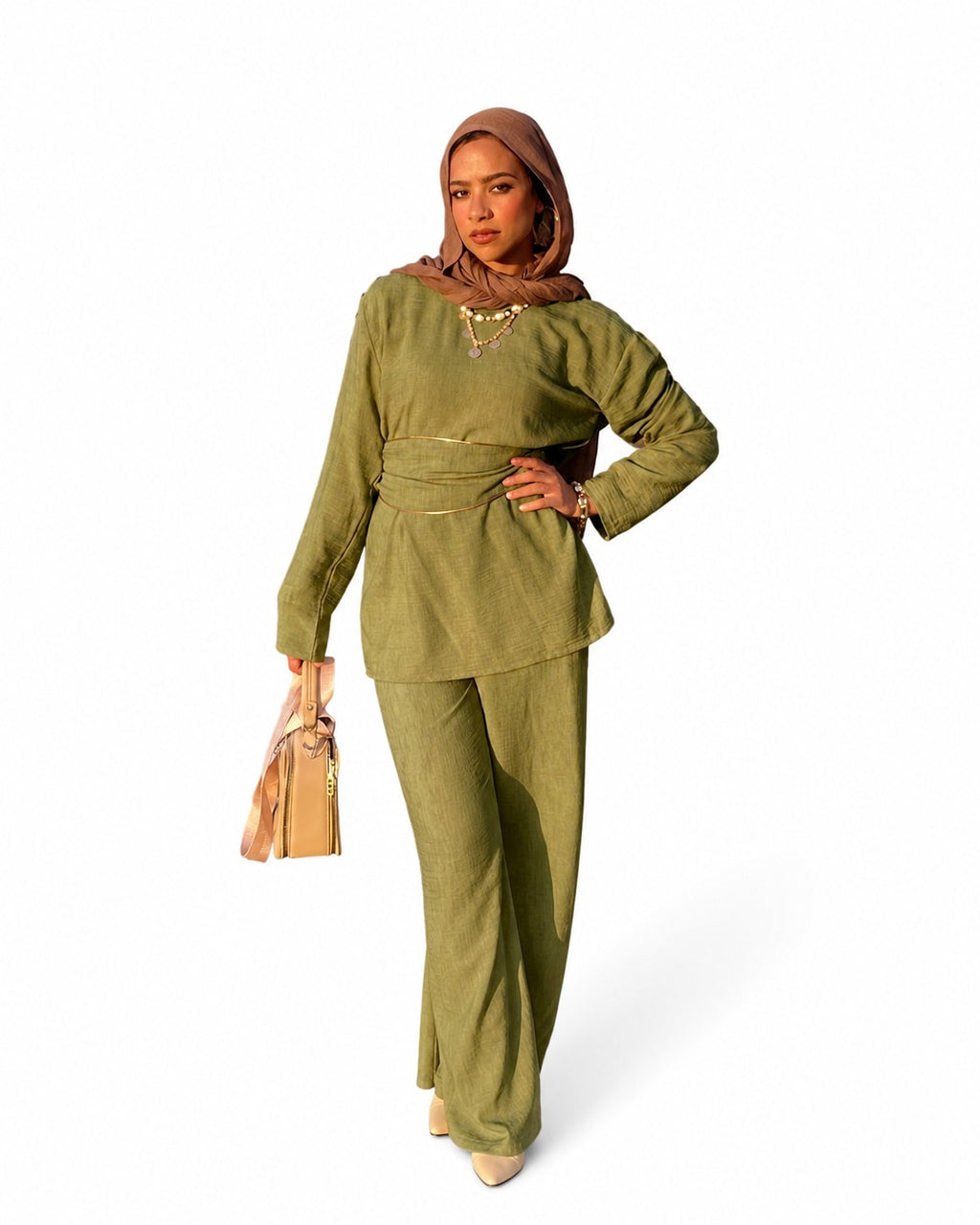 Casual Hooded Co-ord Set with Gold Belt Detail Olive