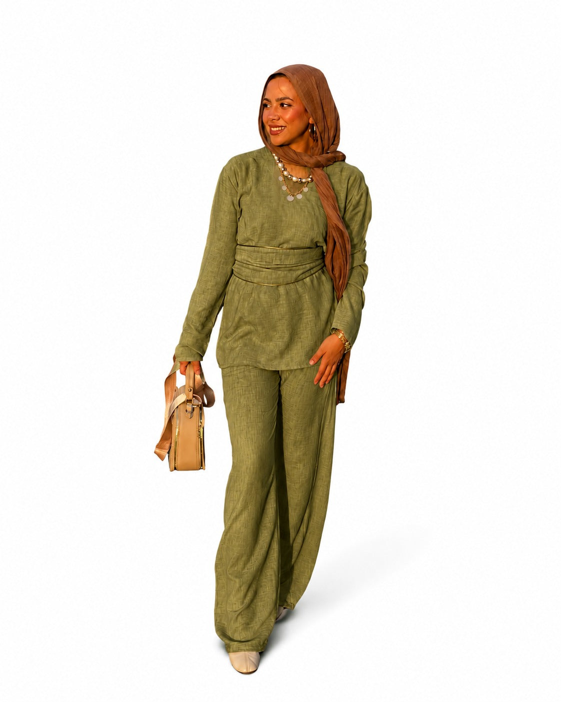 Casual Hooded Co-ord Set with Gold Belt Detail Olive