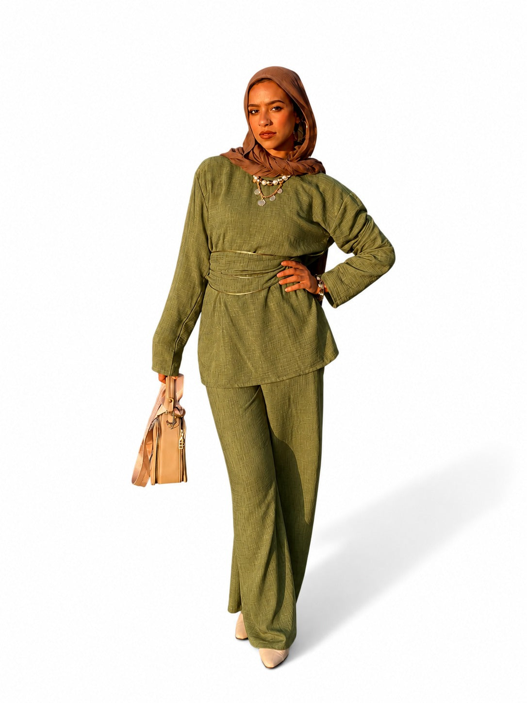 Casual Hooded Co-ord Set with Gold Belt Detail Olive