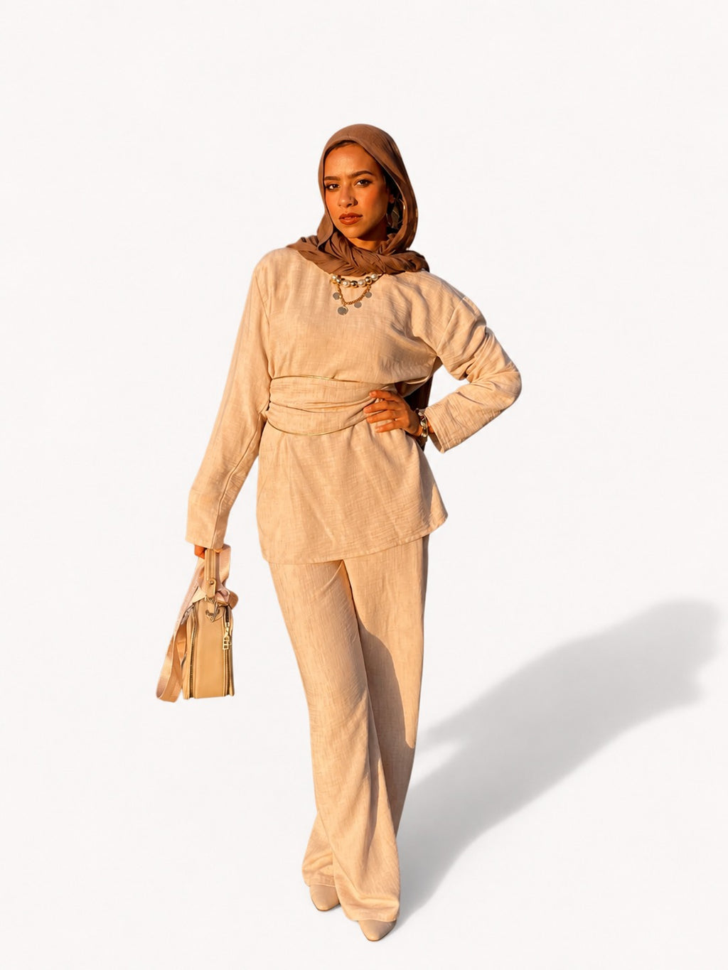 Casual Hooded Co-ord Set with Gold Belt Detail Beige