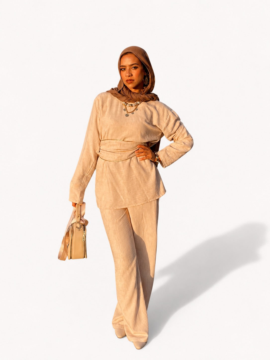 Casual Hooded Co-ord Set with Gold Belt Detail Beige