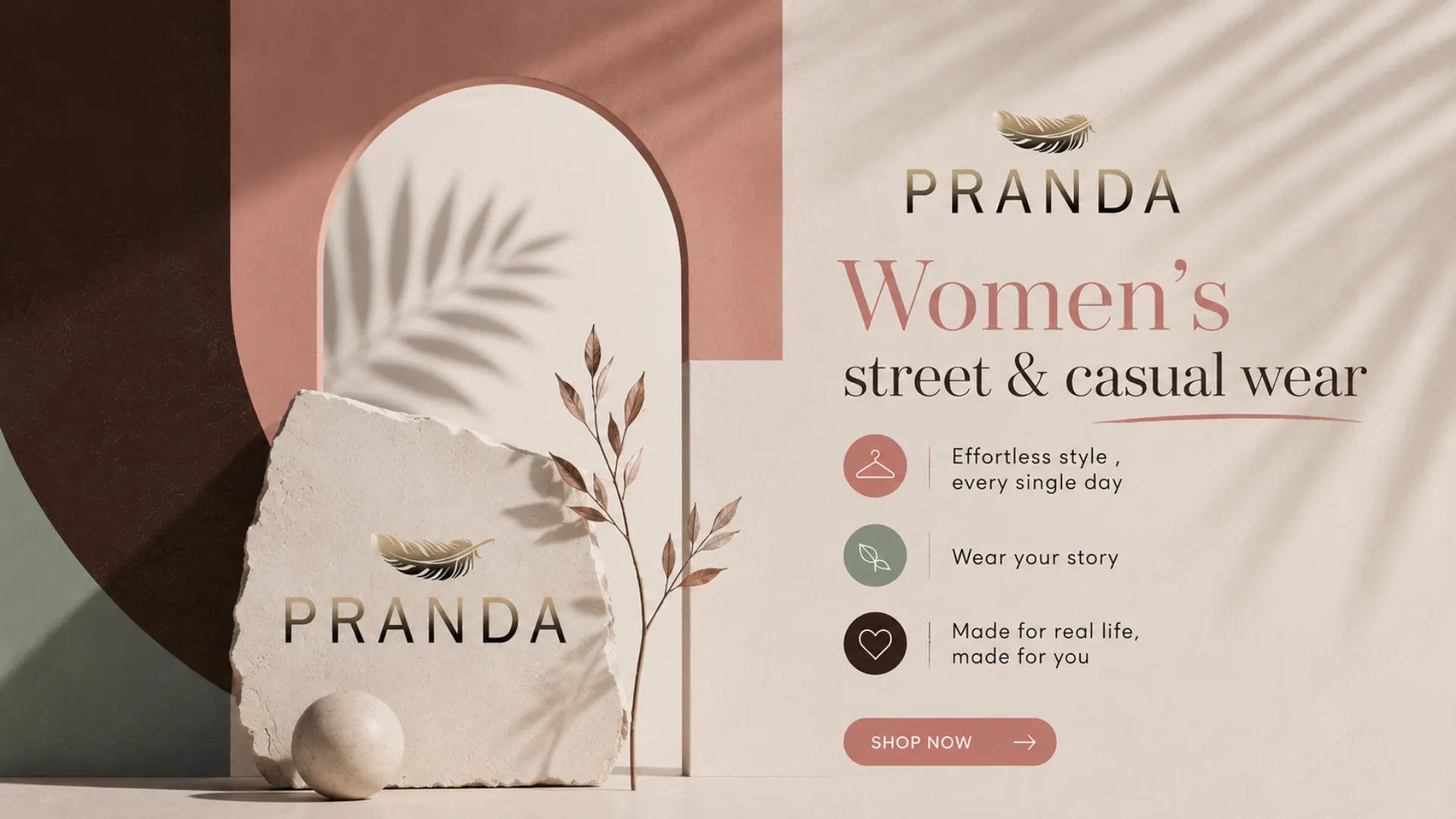 Pranda women's street and casual wear advertisement with stone-like product display and brand name.