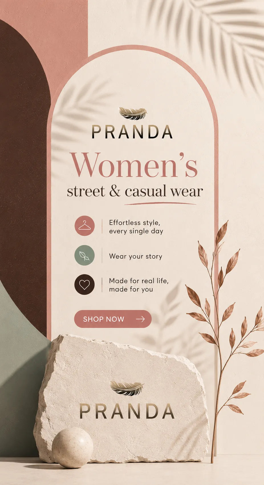A promotional graphic for PRANDA Women's street & casual wear, featuring a cream-colored stone slab with the PRANDA logo, a small white marble sphere, and botanical illustrations on a warm beige and dusty pink background.