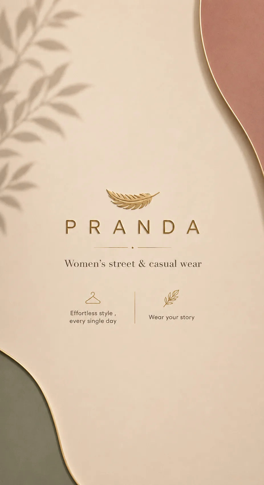 A minimalist beige promotional graphic for PRANDA, featuring a gold feather logo, the text 'Women's street & casual wear,' and decorative abstract shapes in muted green, pink, and cream.