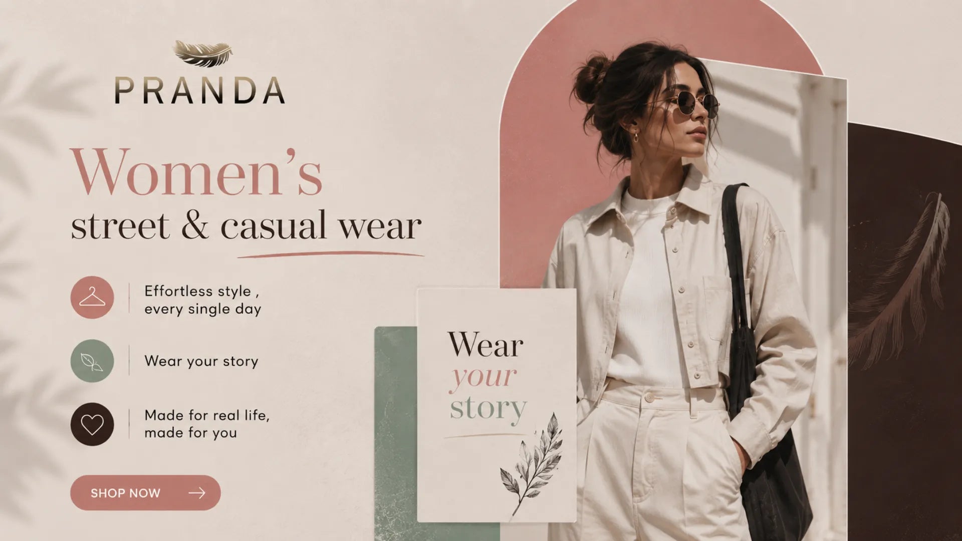 Promotional banner for Pranda Women's street & casual wear, featuring a model in a white button-up shirt and matching trousers with a black shoulder bag, alongside marketing text and decorative graphic elements.